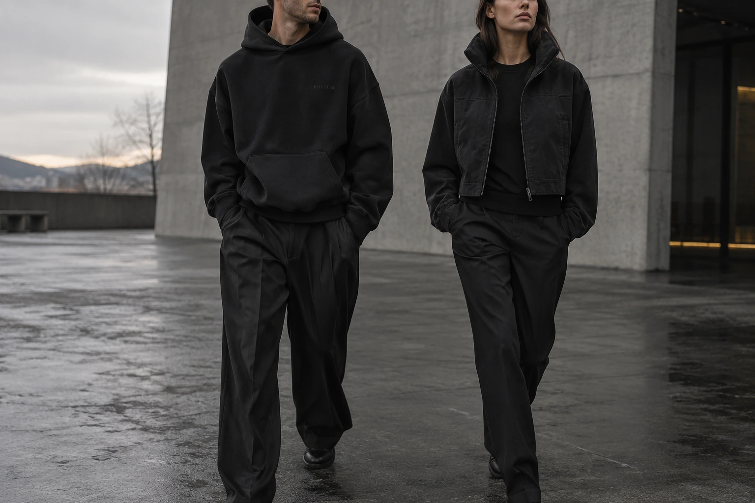 Siyah hoodie ve fermuarlı ceket tasarımlarını giyen modeller, ABERN koleksiyon konsepti